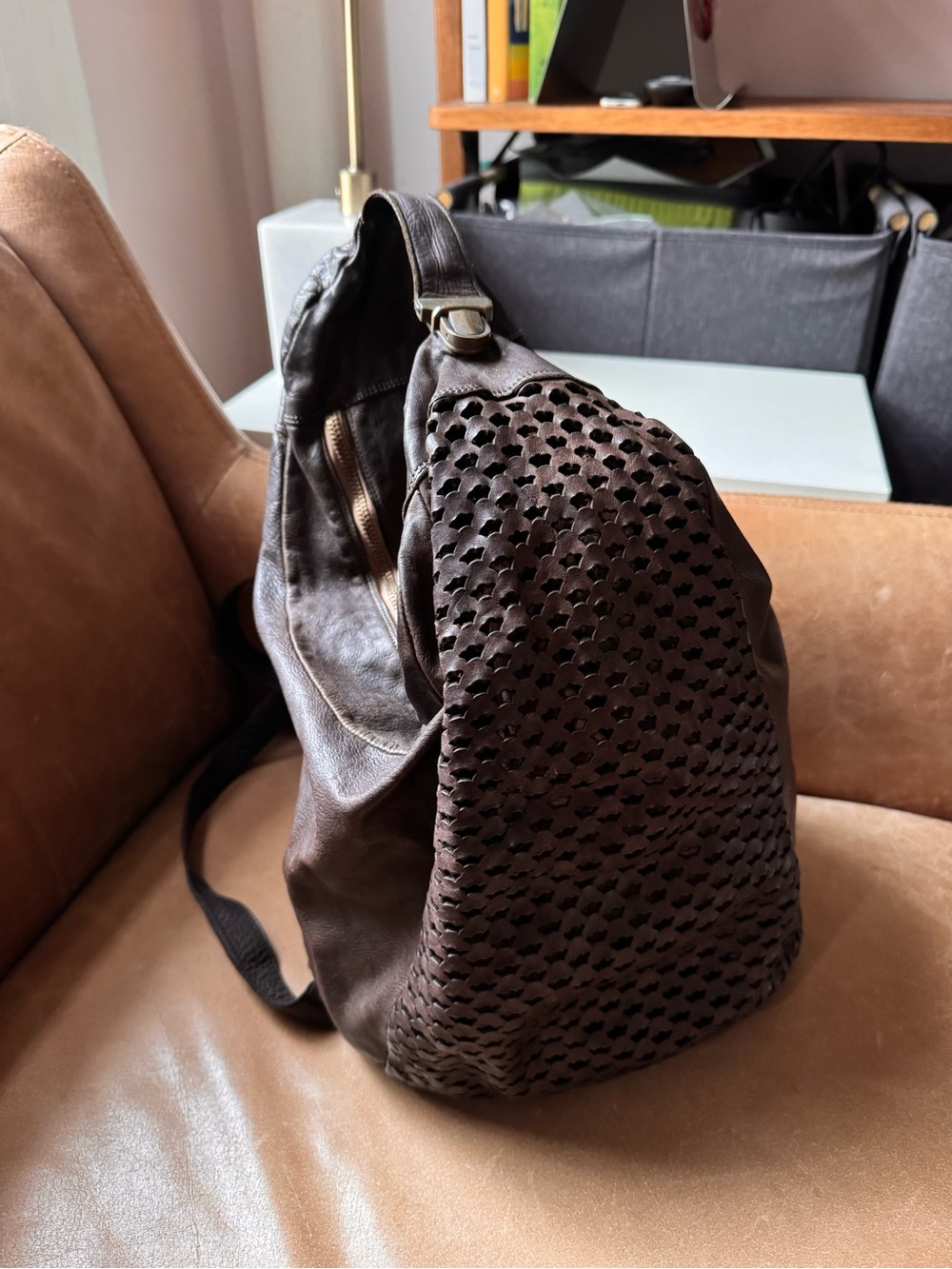 Errelleventidue Dark Brown perforated Leather Sling Backpack convertible bag